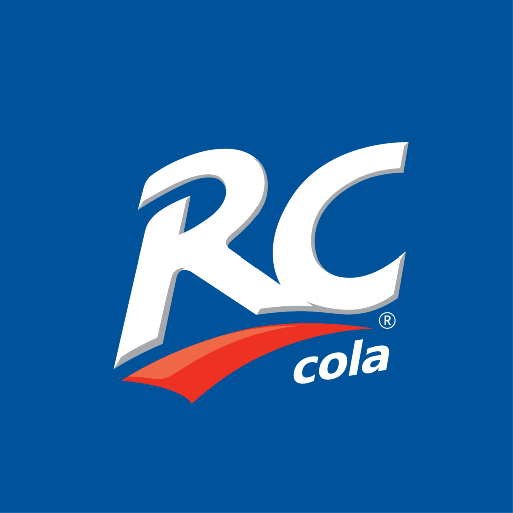 RC Cola logo on a blue background. The letters "RC" are in white with a red swoosh underneath and the word "cola" in white.