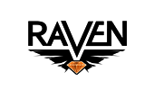 Logo with the word "RAVEN" in bold black letters. The "V" is stylized, forming the wings and body of a raven that holds an orange diamond.