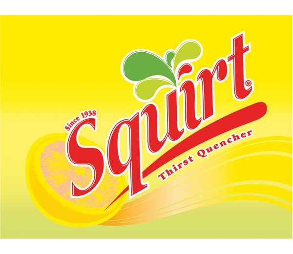 Image of a Squirt logo featuring the brand name in red text with a lemon slice and green leaf design in the background, accompanied by the phrases "Since 1938" and "Thirst Quencher.